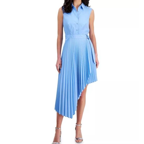 Taylor Shirt Dress Womens 14 Powder Blue Belted Sunburst Pleat Asymmetric Modern - Picture 1 of 16